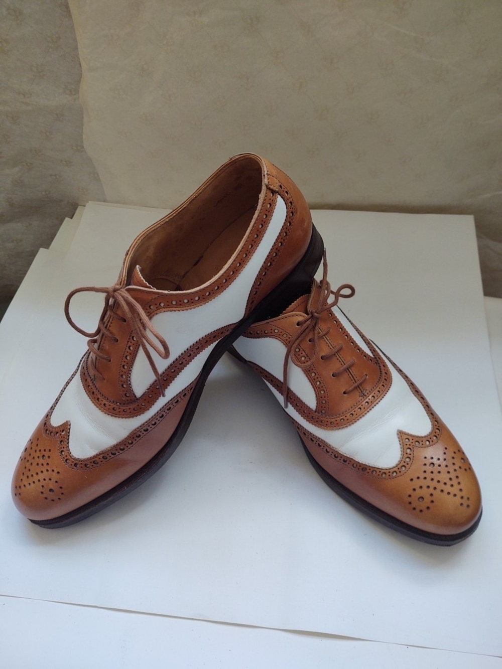 3D M luxury Classic Two-Tone Leather Men's Wingtip Brogues - Tan & White US10M